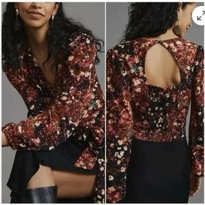 Anthropologie Floral Long Sleeve Top w/open back and tie at waist Sz S NWT